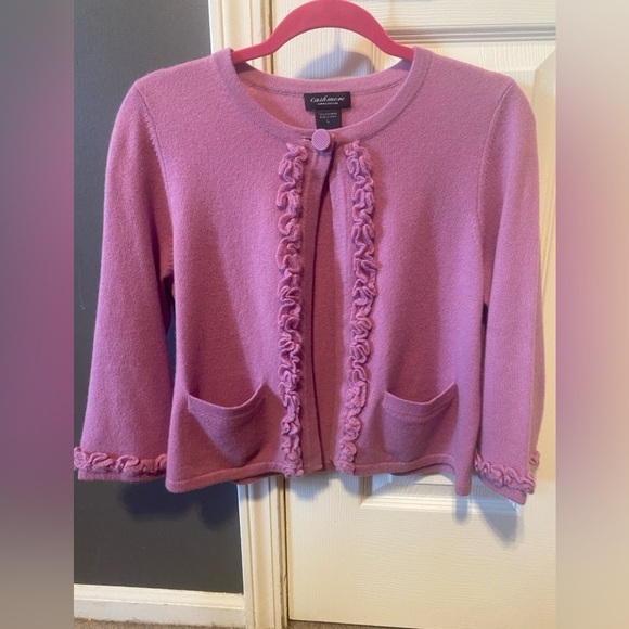 LORD & TAYLOR Cashmere Lavender Cardigan Sweater w/Ruffle Hem, 1 Button, EUC - Picture 9 of 10